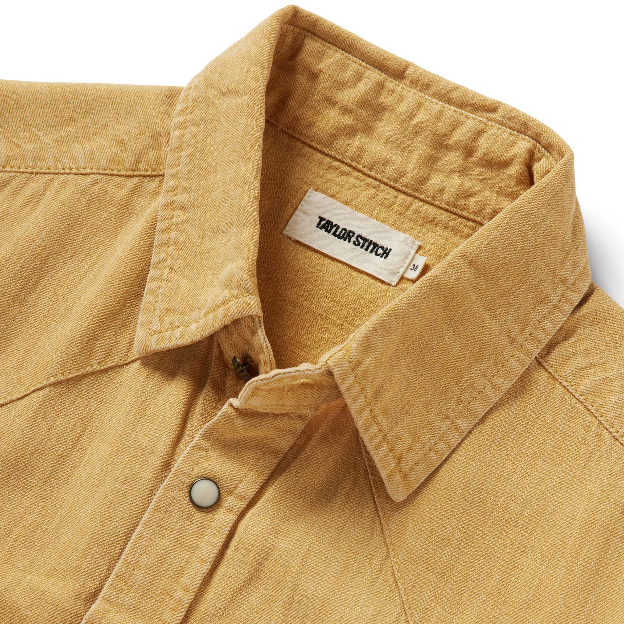 material shot of the collar on The Western Shirt in Wheat Selvage Denim, Wovens by Taylor Stitch