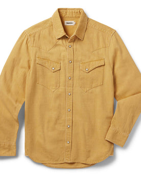 flatlay of The Western Shirt in Wheat Selvage Denim, Wovens by Taylor Stitch