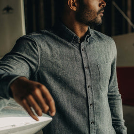 fit model standing wearing The Jack in Navy Herringbone