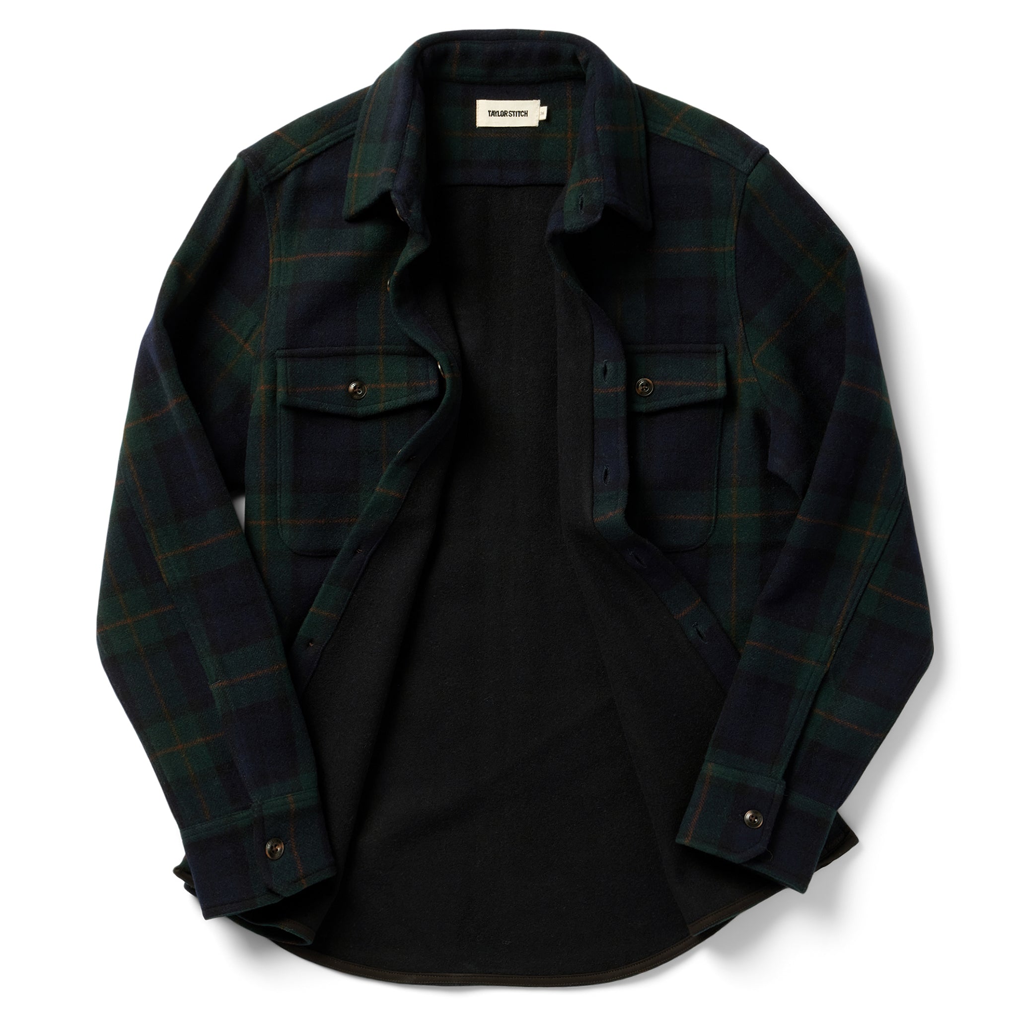 flatlay of The Maritime Shirt in Saltwater Plaid, shown unbuttoned, Wovens by Taylor Stitch
