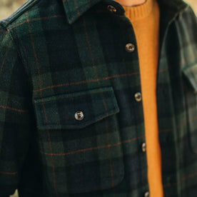 fit model showing the plaid detail on The Maritime Shirt in Saltwater Plaid