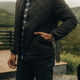 fit model with his hand in the side pockets of The Vertical Jacket in Black