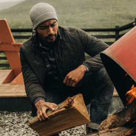 fit model building a fire in The Vertical Jacket in Black