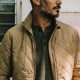 fit model showing the front of The Vertical Jacket in Khaki