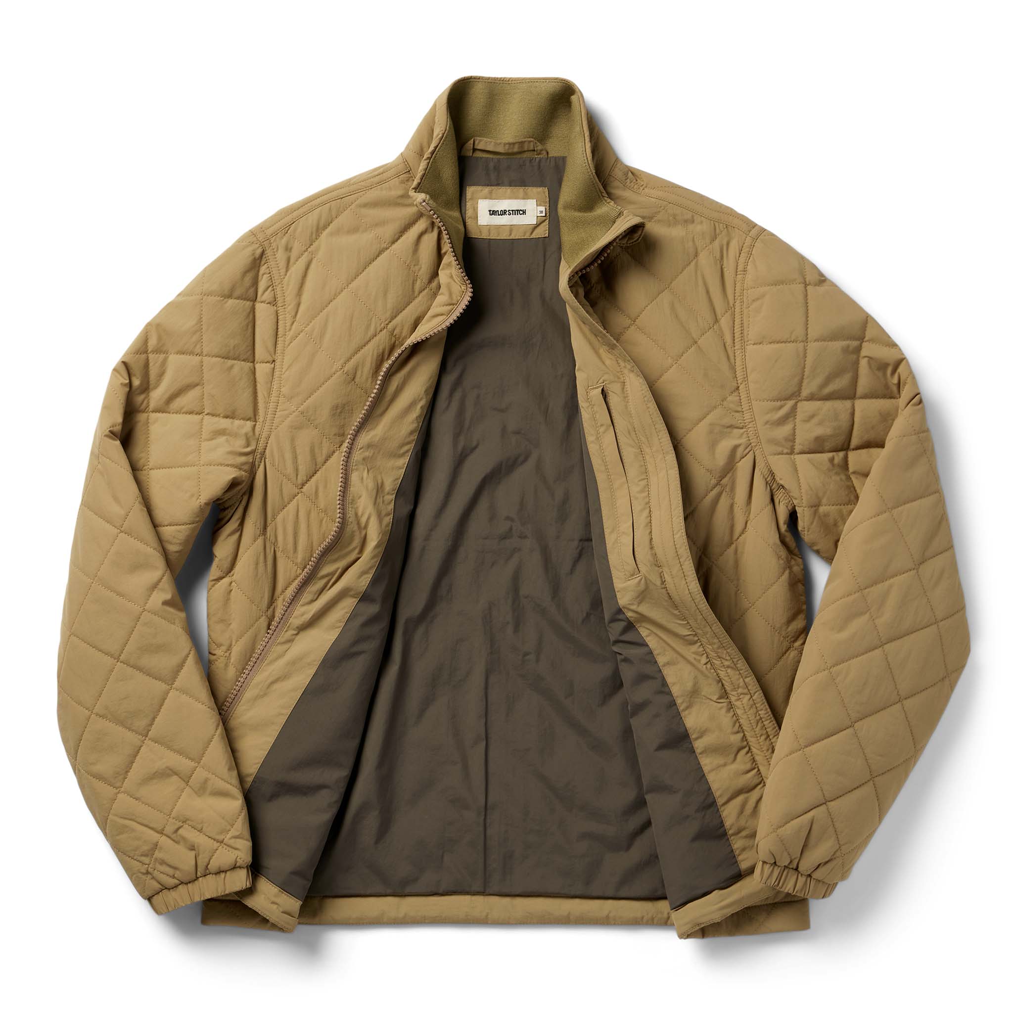 flatlay of The Vertical Jacket in Khaki, shown unzipped, Outerwear by Taylor Stitch