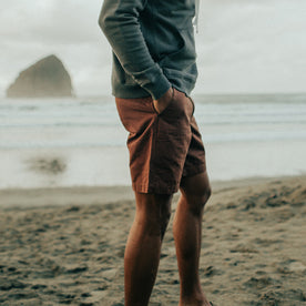 fit model posing with his hand in his pocket wearing The Morse Short in Russet Linen