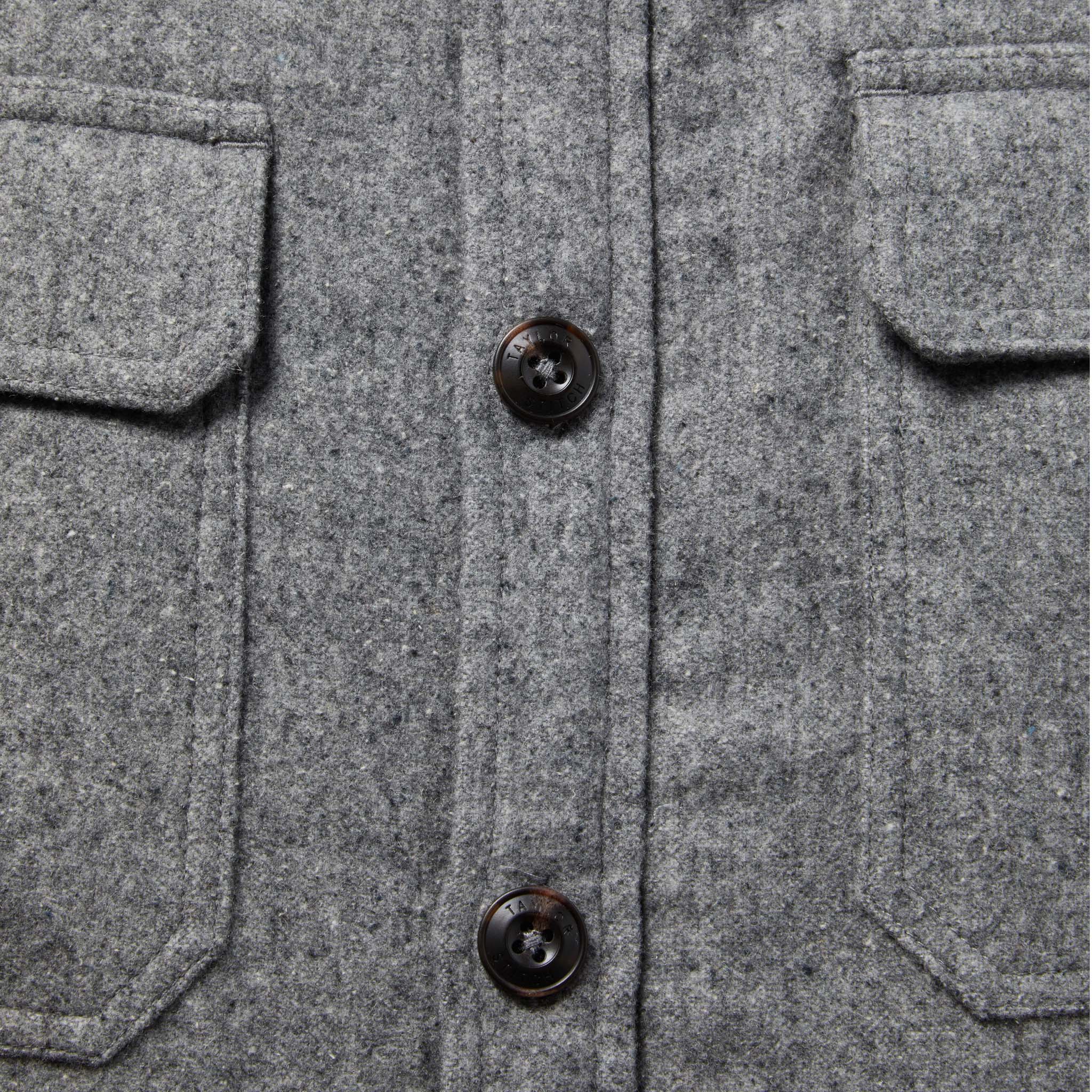 material shot of jacket close up with the placket and buttons visible, Outerwear by Taylor Stitch