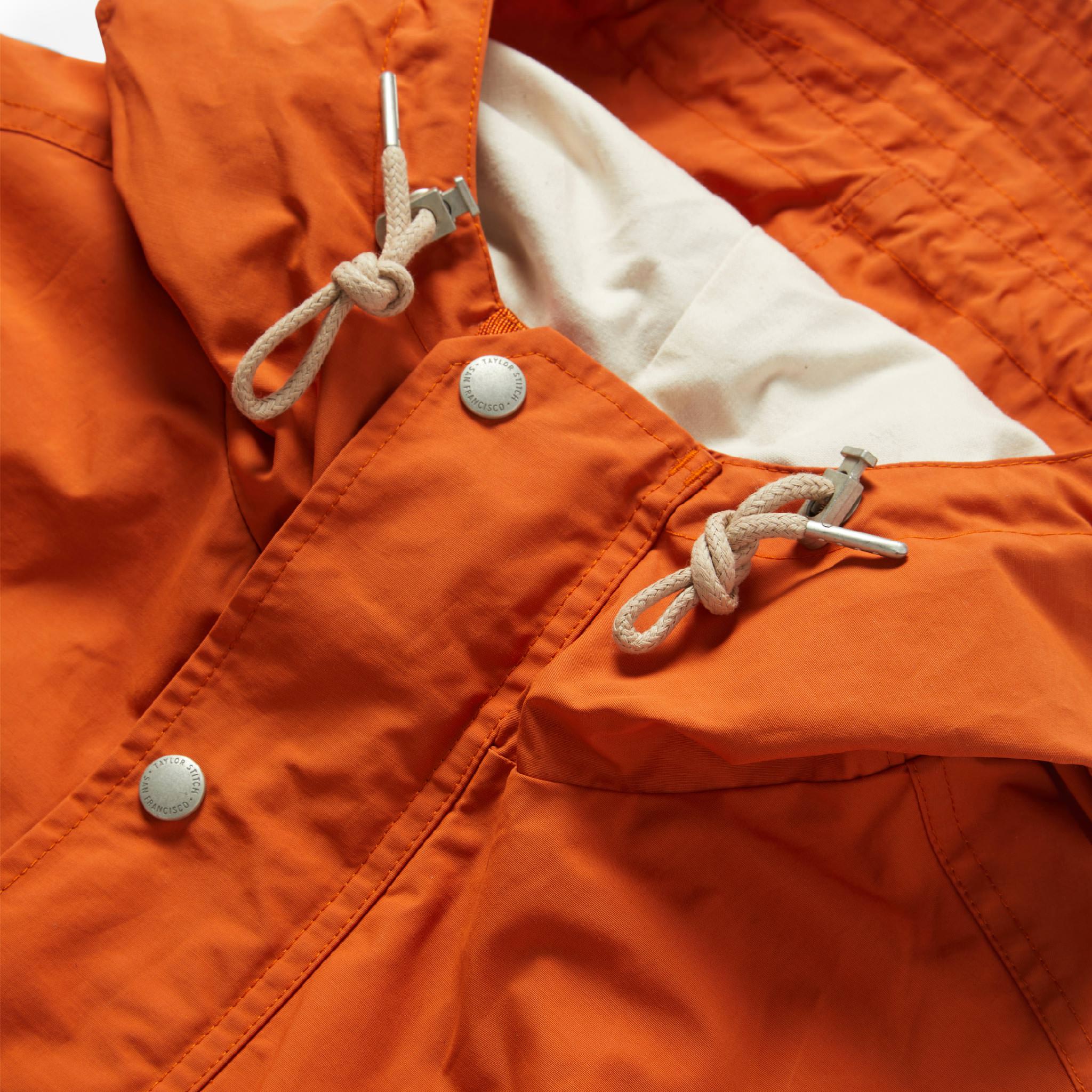 material shot of front placket and drawstrings of The Dalton Jacket in Rust, Outerwear by Taylor Stitch