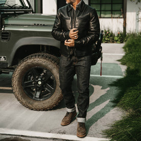 fit model wearing our Matsuba Selvage, looking left