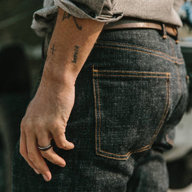 fit model wearing our Matsuba Selvage, back shot