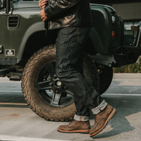 fit model wearing our Matsuba Selvage, walking left
