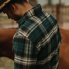 fit model wearing The Ledge Shirt in Deep Sea Plaid from the back showing the yoke