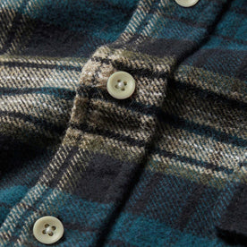 material shot of The Ledge Shirt in Deep Sea Plaid showing front placket and buttons