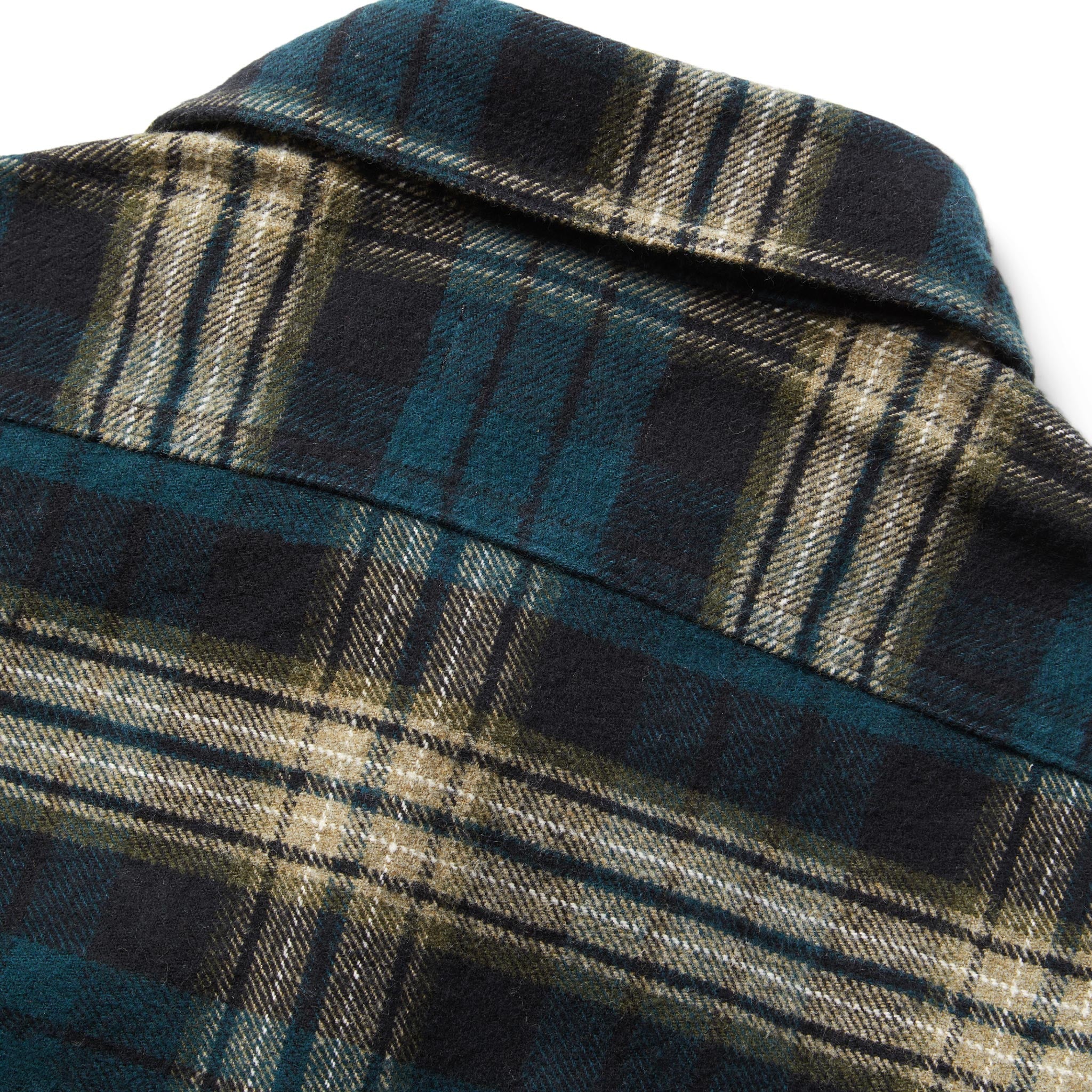 material shot of The Ledge Shirt in Deep Sea Plaid showing back yoke, Wovens by Taylor Stitch