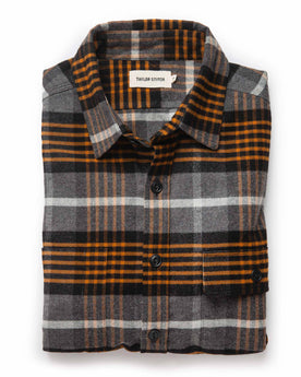 flatlay of The Moto Shirt in Orange Plaid, Wovens by Taylor Stitch
