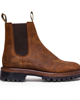 studio shot of The Ranch Boot in Redwood Waxed Suede, Footwear by Taylor Stitch