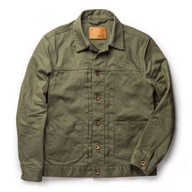 flatlay of The Ryder Jacket in Yoshiwa Mills Olive from the front