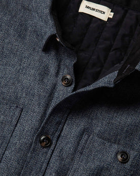 material shot of The Lined Utility Shirt in Indigo and Slate Twill front collar and lining, Outerwear by Taylor Stitch