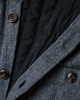 material shot of The Lined Utility Shirt in Indigo and Slate Twill with placket open, Outerwear by Taylor Stitch