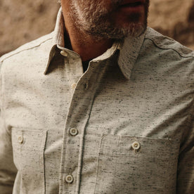 fit model wearing The Utility Shirt in Japanese Kuroki Natural Nep with collar unbuttoned