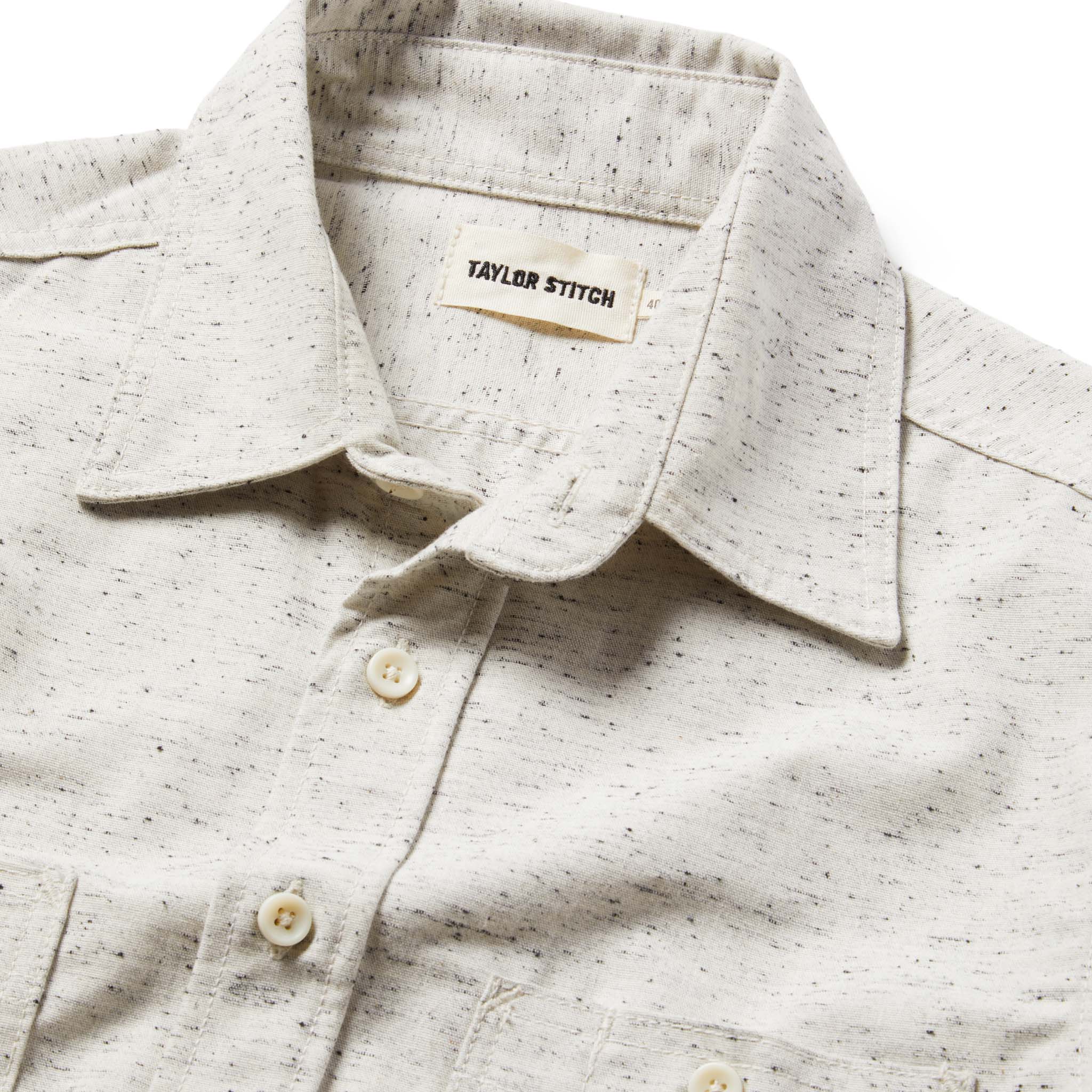 material shot of The Utility Shirt in Japanese Kuroki Natural Nep showing neck tag, Wovens by Taylor Stitch