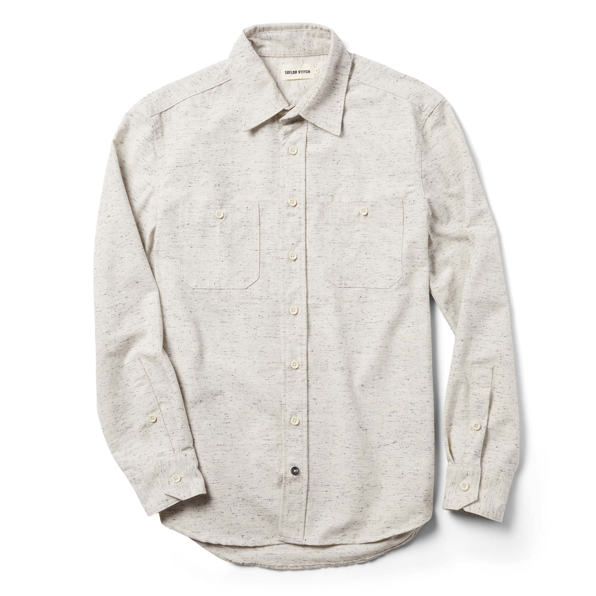 flatlay of The Utility Shirt in Japanese Kuroki Natural Nep unfolded, Wovens by Taylor Stitch