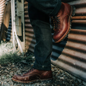 fit model wearing The Backcountry Boot in Taylor Stitch Custom