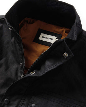 material shot of the collar for The Clutch Jacket in Coal EverWax, Outerwear by Taylor Stitch