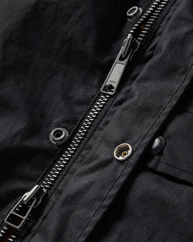 material shot of the zipper for The Clutch Jacket in Coal EverWax, Outerwear by Taylor Stitch