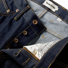 material shot of the button fly on The Democratic Jean in Cone Mills Cordura Denim