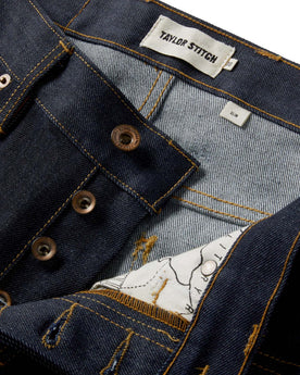 material shot of the button fly on The Slim Jean in Cone Mills Cordura Denim, Bottoms by Taylor Stitch