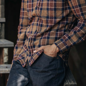fit model with his hand in his pocket in The Utility Shirt in Caramel Jaspe Herringbone Plaid