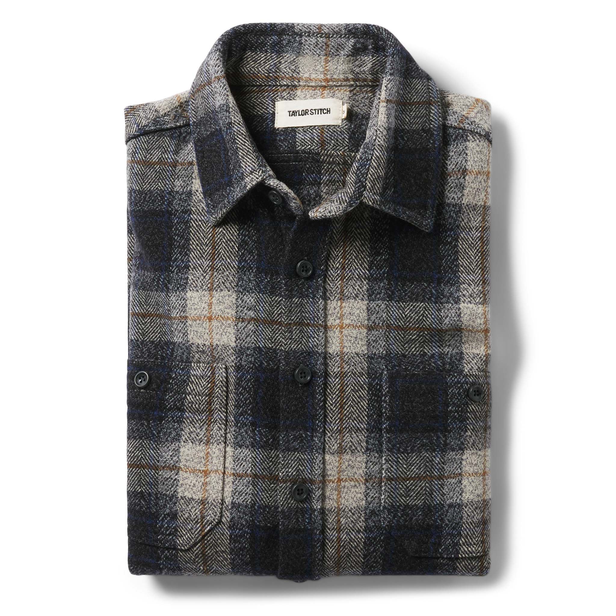 flatlay of The Utility Shirt in Navy Jaspe Herringbone Plaid folded, Wovens by Taylor Stitch