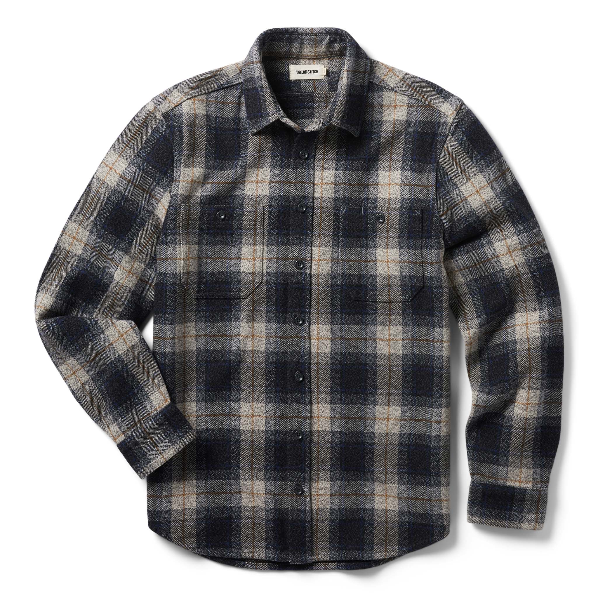 flatlay of The Utility Shirt in Navy Jaspe Herringbone Plaid, Wovens by Taylor Stitch