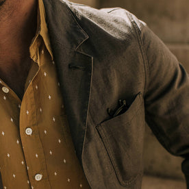 our fit model wearing The Gibson Jacket in Gravel—cropped shot of lapel