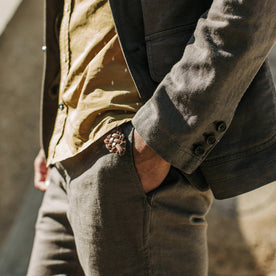 our fit model wearing The Gibson Jacket in Gravel—hand in pocket