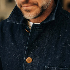 our fit model rocking The Ojai Jacket in Indigo Herringbone—cropped shot of collar and texture