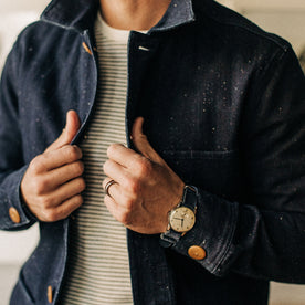 our fit model rocking The Ojai Jacket in Indigo Herringbone—cropped shot of chest