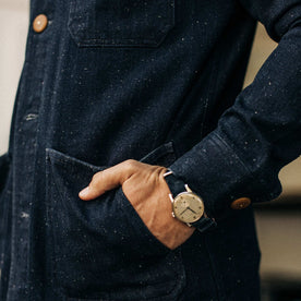 our fit model rocking The Ojai Jacket in Indigo Herringbone—cropped shot of pockets 