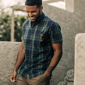 our fit model wearing The Short Sleeve Jack in Green Madras