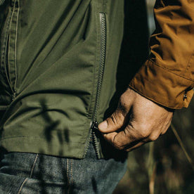 our fit model wearing The Powder Jacket in British Khaki & Olive