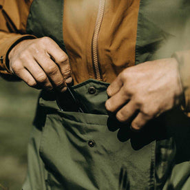 our fit model wearing The Powder Jacket in British Khaki & Olive