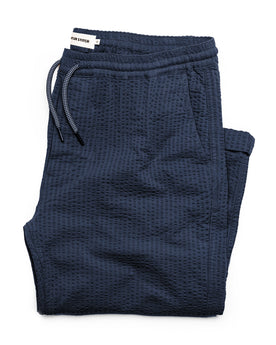 The Après Pant in Navy Seersucker: Featured Image, Bottoms by Taylor Stitch