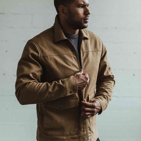 Our fit model wearing The Mechanic Jacket in British Khaki Boss Duck