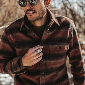 our fit model wearing The Moto Utility Shirt in Sunset Stripe