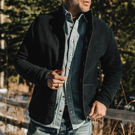 our fit model wearing The Port Jacket in Navy Sherpa