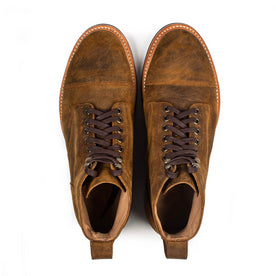 flatlay of The Moto Boot in Golden Brown Waxed Suede, shown from the top