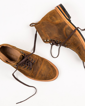 flatlay of The Moto Boot in Golden Brown Waxed Sued, Footwear by Taylor Stitch