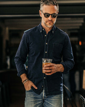 our fit model wearing The Jack in Indigo Oxford, Wovens by Taylor Stitch