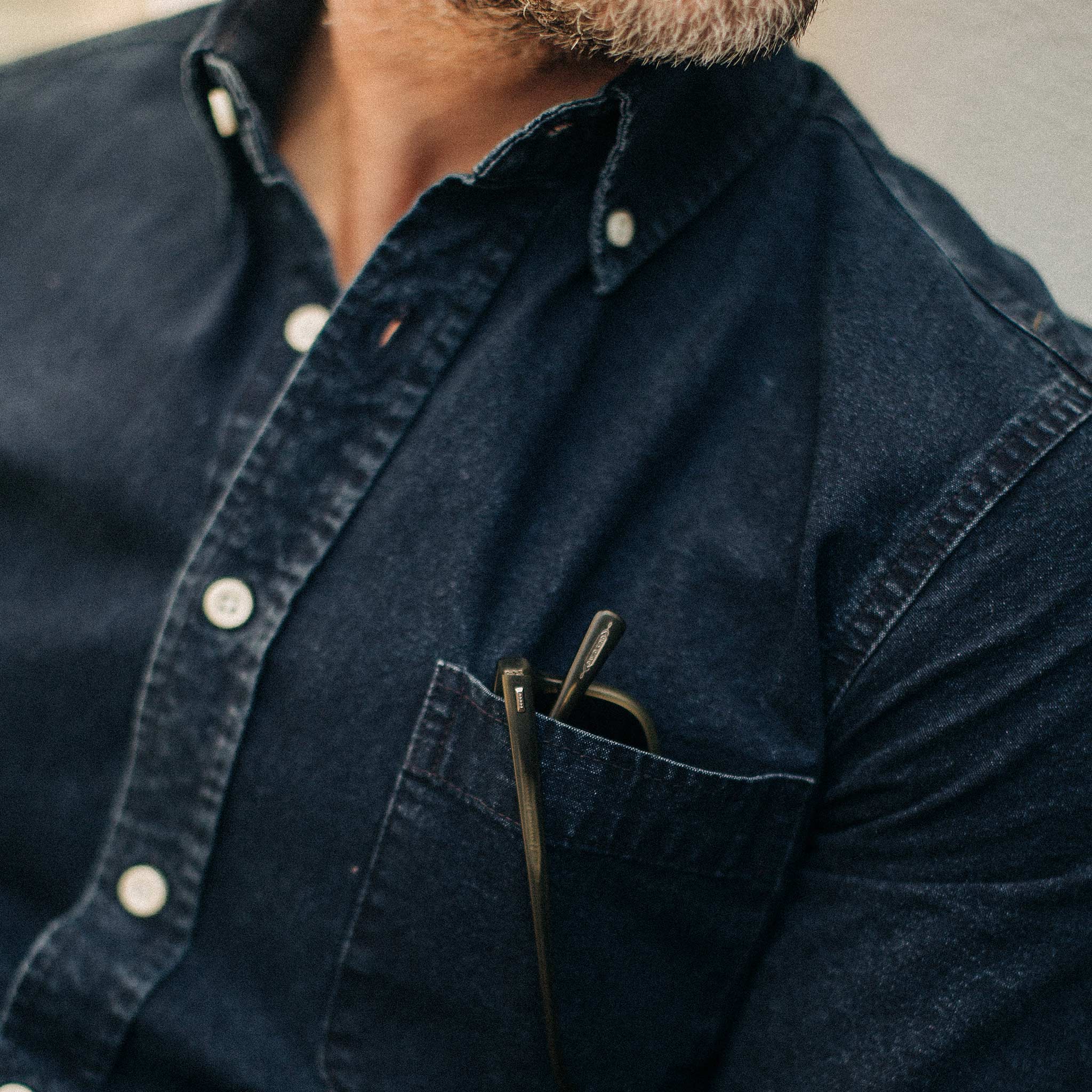 our fit model wearing The Jack in Indigo Oxford, Wovens by Taylor Stitch